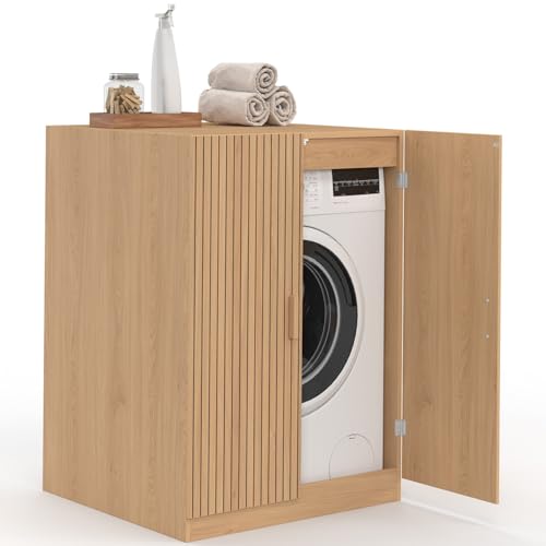 IDMarket - Meuble pour Machine à Laver avec Portes Juliette Effet Lattes tasseau Bois Coloris chêne