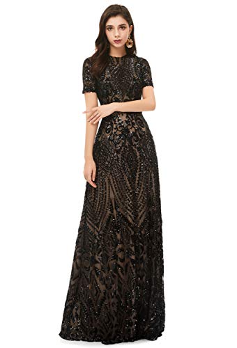 Women's Short Sleeves Sequins A-Line Formal Evening Dress