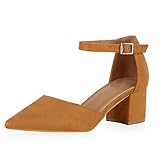  SCARPE VITA Damen Spitze Pumps Elegante Mid Heels Blockabsatz Schuhe Riemchenpumps Absatzschuhe Wildleder-Optik Party 190401 Hellbraun Braun 38