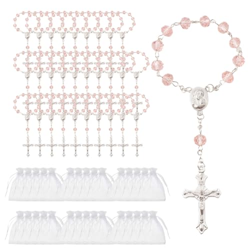 YGBWAOV Lot de 30 Mini Chapelets de Baptême Catholiques avec Sachets en Organza pour Mariage, Communion, Rose