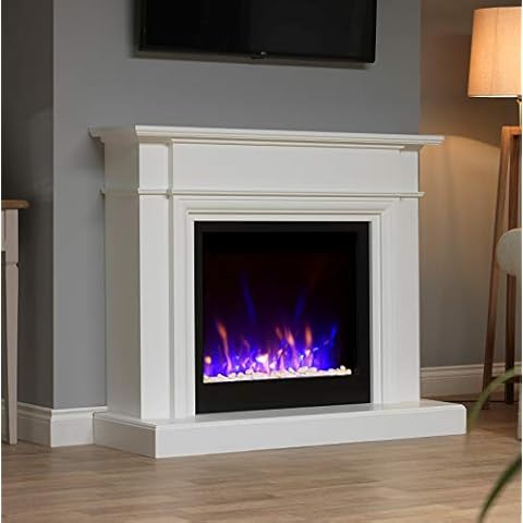 White Black Wall Surround Modern Electric Fire LED Fireplace Suite Pebbles Crystals Cover