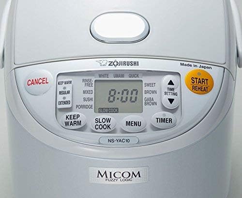 Close-up of the Zojirushi NS-YAC10 control panel with LCD display and buttons.