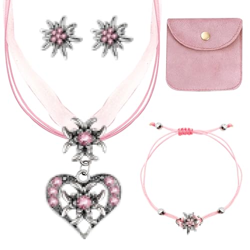 Lets Joy Trachtenschmuck Set, 3 Stück Bayerisch Schmuck-Sets, Oktoberfest Herz Anhänger, Strass Edelweiß Schmuck, Bayerisch Dirndlschmuck Oktoberfest Deko Accessoires Trachtenkette (A)