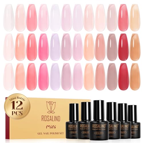 ROSALIND Esmaltes Semipermanentes Jelly, 12 Colores Nude Rosa Marrón Rojo Jelly Transparente Esmaltes Semipermanentes Para Uñas, Soak Off Mini UV/LED Pintauñas Semipermanente Para Manicure