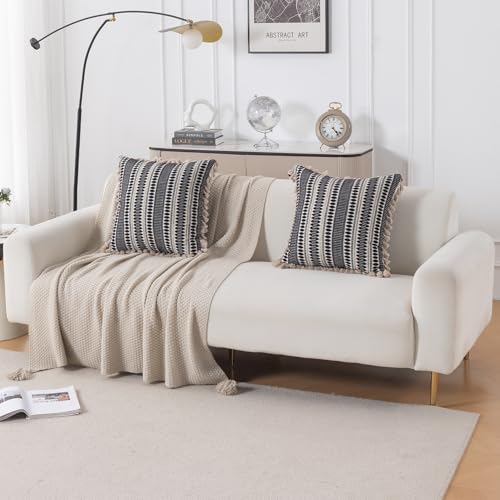 Image of HOKIPO 'Artisan Boho Series' Sofa Cushion Covers | 450 GSM Cotton Acrylic Jacquard | Tassel Design | 22x22 Inch (55x55 cm) | Pack of 2, Charcoal Black (IN-906-A3*2)