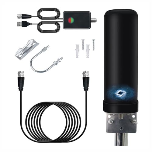 Antenne TV Intérieur Extérieure Puissante, IP66 Antenne TNT Anti-Foudre Réception à 360 ° avec Amplificateur Signal Booster et Câble Coaxial de 13m pour...
