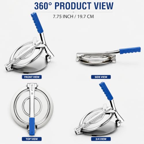 Image of 7.75 Inch / 19.7 CM Stainless Steel Roti & Puri Press | Manual Chapati & Tortilla Maker with Ergonomic Blue Handle | Non-Slip Rubber Feet | Heavy-Duty Kitchen Press for Easy & Even Dough Flattening