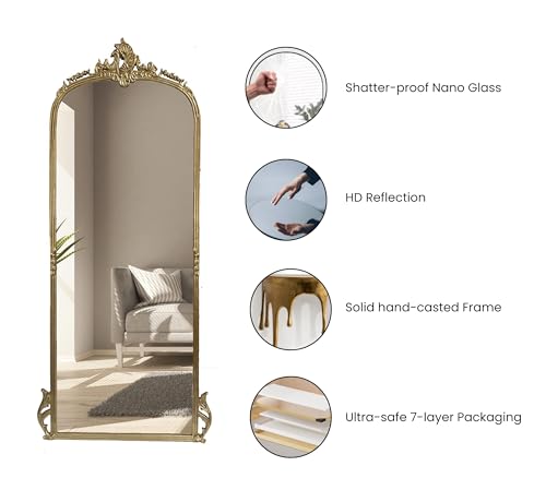 Image of Gharaana Victorian Arched Full-Length Mirror for Living Room, Full-Length Mirror for Bedroom | Standing Mirror | Glam Gold (60x24)