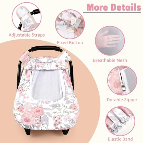 Image of Car Seat Cover Baby, HNHUAMING Infant Car Seat Covers Canopy for Baby Girl Boy, Cozy & Windproof Newborn Carseat Covers Mink Dot Backing Stroller Cover with Breathable Mesh Window, Pink Floral
