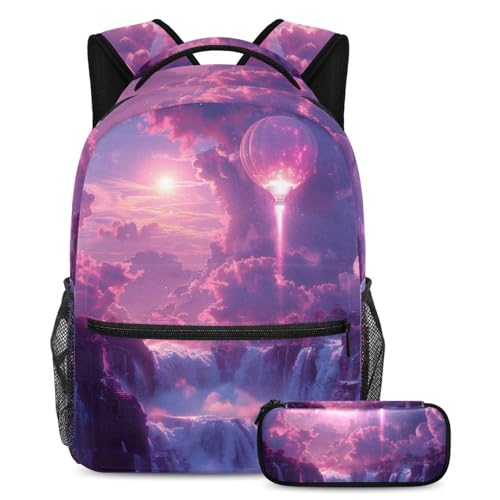 Sac à dos motif montgolfière et trousse rose pour les cours