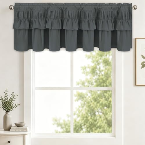 Yinhua Grey Valances for Windows Farmhouse Ruffle Valance Curtains, Blackout Rustic Window Valances Rod Pocket Kitchen Valance Curtains for Living Room, Bedroom, Bathroom, 52" W x 18" L