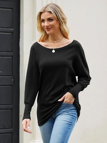 Women's Off Shoulder Tops Long Sleeve Batwing Shirts Tunic Loose Oversized3