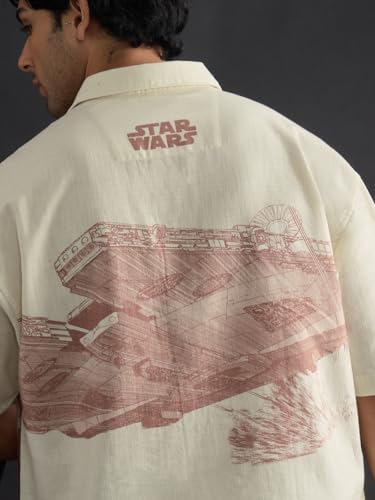 Image of The Souled Store Star Wars: Far Far Away Men and Boys Short Sleeve Spread Collar Light Beige Printed Casual Streetwear Drop Shoulder Cotton Oversized Shirt