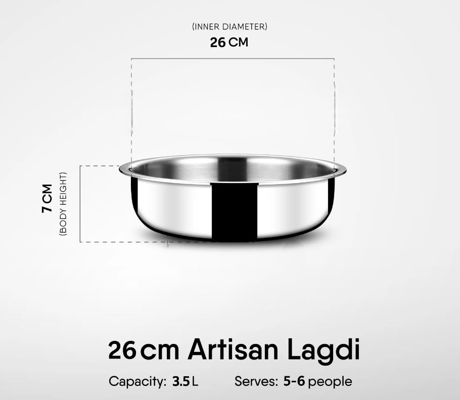 Image of Triply Stainless Steel Langdi Tope - 26 cm / 3.5 litres | Multipurpose Stainless Steel Extra Shallow Tope | Induction Friendly for Every Day Use