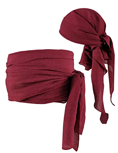 Mayerilby Halloween Pirate Cosplay Men Women Pirate Head Scarf Hat Accessories Pirate Bandana Headband Pirate Waist Belt(Fullset Dark Red)