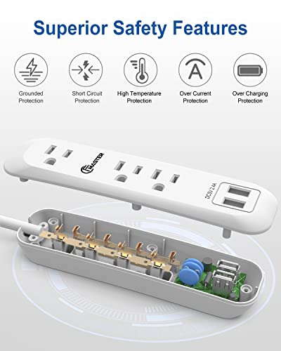 Usb Power Strip Surge Protector Long Extension Cord 6 Feet, 3 Outlets, 2 Usb Ports (2.4A/12W), Overload Protection, Mountable Power Strip For Home Office, 1250W/10A, Sgs Listed, White #TOP2