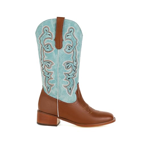 UTIKLIOU Cowboy Boots for Women Western Cowgirl Boots Embroidered Mid Calf Boots Square Toe Medium Block Chunky Heel Stitching Pull-on Boots for Ladies2