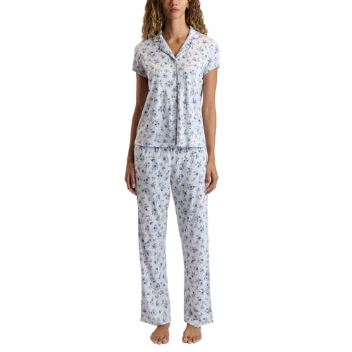 Laura Ashley Women's Pajamas 2 Piece Cotton Blend Notch Collar Button Down PJ Set (US, Alpha, Small, Regular, Regular, Blue Floral)