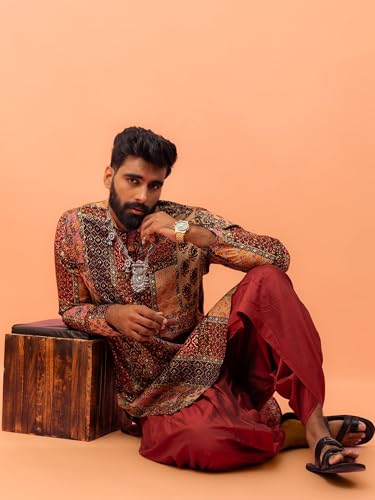 Mens Kurta – Printed Cotton Blend Tunic with Mandarin Collar, Regular Fit – Indian Wedding Outfit for Men – Festive Wear for Diwali, Eid & Celebrations Maroon2