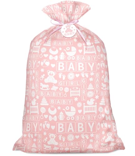 Laidans 56 Pink Jumbo Plastic Gift Bag Baby Girl Design Extra Large Plastic Bag with Tag and Tie for Birthday Baby Shower and Holiday