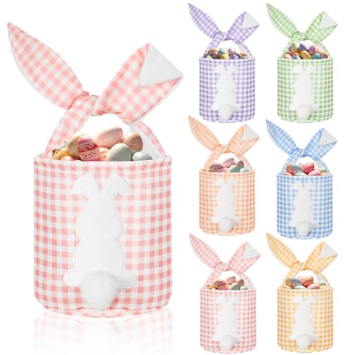 Image of 6 Pcs Bunny Canvas Bags Rabbit Print Basket with Foldable Ears Candy Goodie Bunny Tote Gift Bag for Birthday Party Decorations Supplies(Cute Color,Plaid)