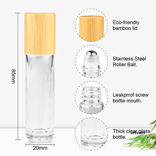Clear Refillable Glass Empty Roll On Bottles Roller Bottle,10Ml Bamboo Roll On Bottle For Essential Oils Perfume Sample Bottles With Stainless Steel Roller Ball &Bamboo Cap,12Pcs #TOP1