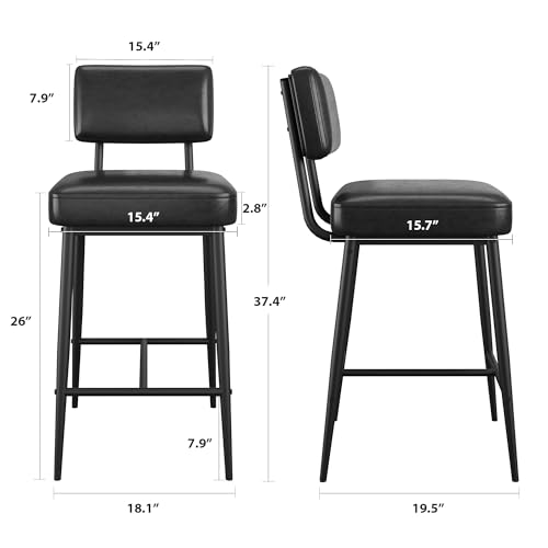 Image of GarveeHome Black Bar Stools Set of 2, 26 inch Counter Height Bar Stools with Back, Faux Leather Upholstered Barstool Chairs with Metal Legs for Kitchen Island, Counter Bar
