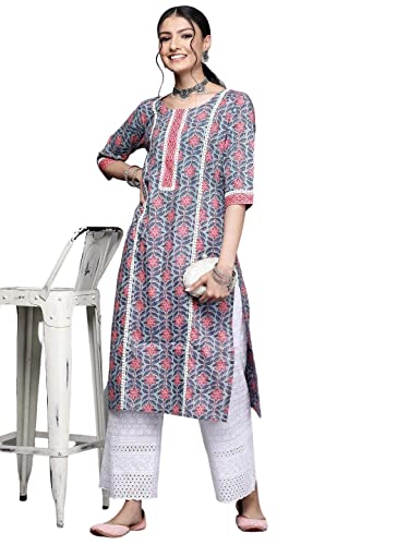 Image of Ayukta Women's Geometric Regular Cotton Printed Straight Kurta