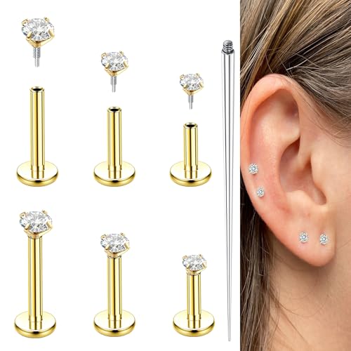 Gnbaoya 16G 18G 20G Flat Back Stud Earrings 316L Surgical Steel Internal Thread CZ Nose Ring Stud Tragus Helix Cartilage Conch Nose Hypoallergenic Lip Monroe Labret Medusa Piercing Jewelry for Women (gold, 18G(3/4/5mm CZ))