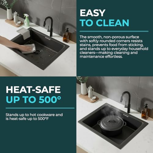Image of BASINQU Quartz Sink for Kitchen | 21x18x9 Inches Quartz Kitchen Sink Black | Granite Sink For Kitchen Basin UV Protected, Granite Scratch Resistant, Undermount /Topmount Sinks