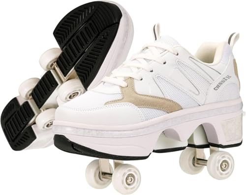 Image of Roller Skates for Women /Girls, Retractable Kick Roller Shoes with Wheels for Men, Outdoor Quad Wheel Rink Skates Adjustable Deformation Sneakers for Adult /Boys