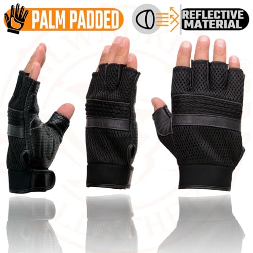 Image of Milwaukee Leather SH198 Men's Black Flame Embroidered Fingerless Gloves with Gel Palm | Padded Comfort; Vibration Relief; Flame Embroidery