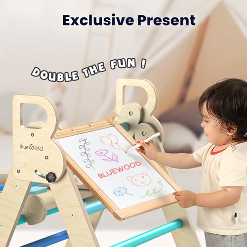 Image of BlueWood Pikler Triangle Set, Foldable Wooden Toddler Climbing Toys Indoor Playground Jungle Gym Montessori Philosophy Climber for 2-6 Years Old, Baby, Kids (Sky Blue)