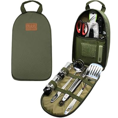 8pcs Camping Cookware Kitchen Utensil Organizer Travel Accessories Set - Portable Bbq Camp Cookware Utensils Travel Kit with Water Resistant Case, Cutting Board, Rice Paddle, Tongs, Knife (Black)