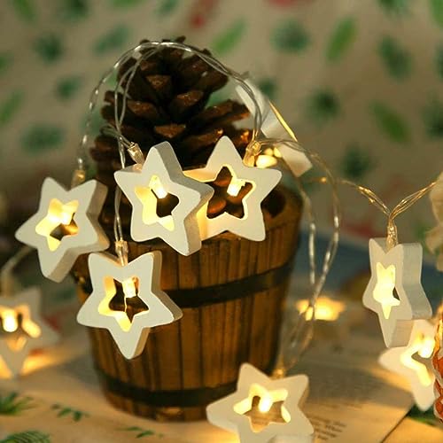 Image of K D 20 LED Wooden Star Warm Yellow 12.5 FT String Fairy Lights - Plug Operated Christmas & Festival Decor Lamp