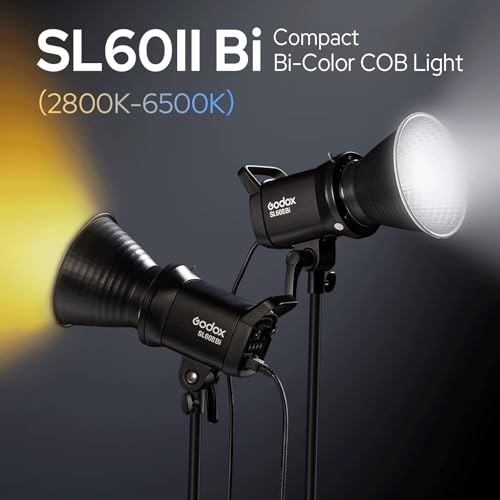 Godox SL60IIBi Bi-Color LED Video Light 75W, 2800K-6500K, CRI96+ TLCI97+, 25100Lux@1m, Bowens Mount LED Continuous Output Light w/11 FX Effects, APP/2.4G Wireless Control, Dimmiable Brightness