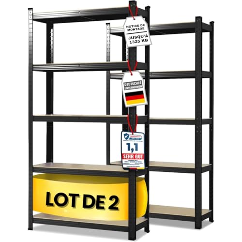KARAT Lot de 2 étagères pour Charges Lourdes. 40 x 90 x 180 cm. enfichables. pour Cave. entrepôt. 5 tablettes réglables. Noires