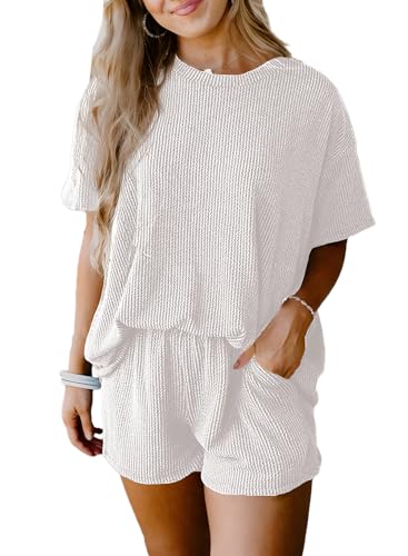 SHEWIN Two Piece Sets for Women Casual Ribbed Short Sleeve