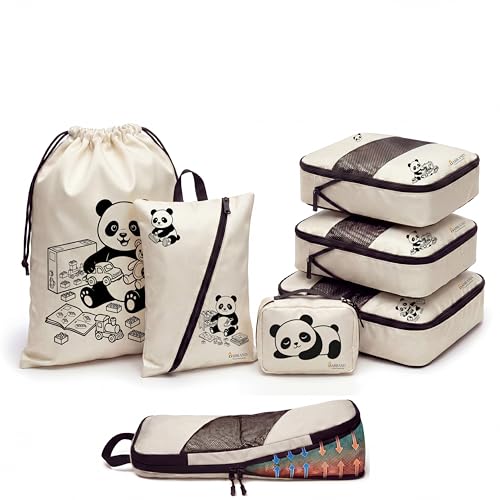 BABRAND - Organiseurs de Valise à Compression (6 Pièces) pour Enfants, Packing Cubes Extensibles Motif Panda, Sacs de Rangement Voyage Imperméables, Housses...