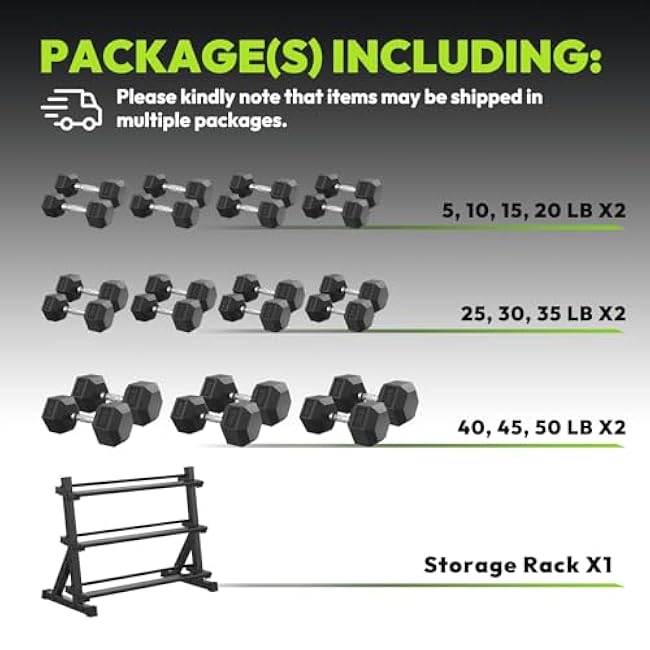Hex Dumbbell Sets with Rack, 290-670 lb Rubber Encased Exercise & Fitness Dumbbells Set, Hand Weight for Strength Training, Weight Dumbbells