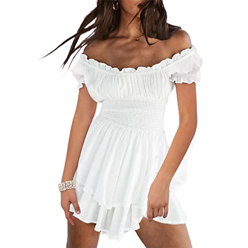 Cjfdfy Womens Fairy Pirate Corset Romper Dress Costume Short Sleeve Off the Shoulder Neck Flowy Ruffle Jumpsuit (White S)