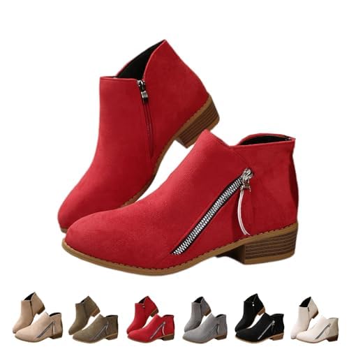 Women's Ankle Boots Low Chunky Heel Faux Suede Ankle Boots with Side Zipper Casual Comfortable Solid Color Round Toe Orthopedic Arch Support Booties Wide Width Walking Boots for Fall Winter Spring