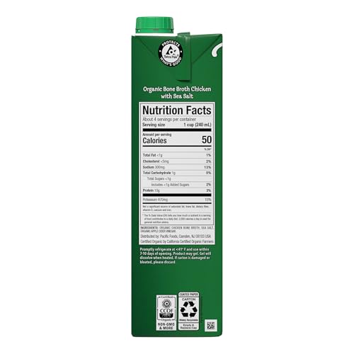 Image of Pacific Foods Organic Chicken Bone Broth With Sea Salt, 32 oz Carton (Pack of 4)