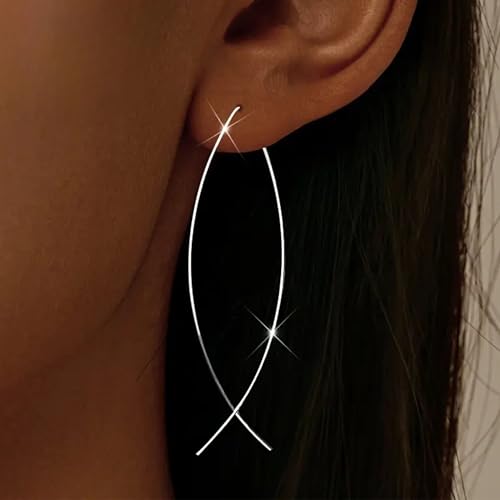 925 Sterling Silver Dainty Hard Wire Threader Dangle Earrings for Women 14k Gold Plated Tassel Threader Pull Through Long Half Hoop Earring Wedding Bridal Christmas Birthday Jewelry Gifts2
