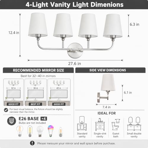 Image of Bathroom Vanity Light Brushed Nickel Bathroom Lighting Fixtures Over Mirror | 4-Light Bathroom Light Fixtures with Flared White Fabric Shade, E26 Socket (ETL Listed)