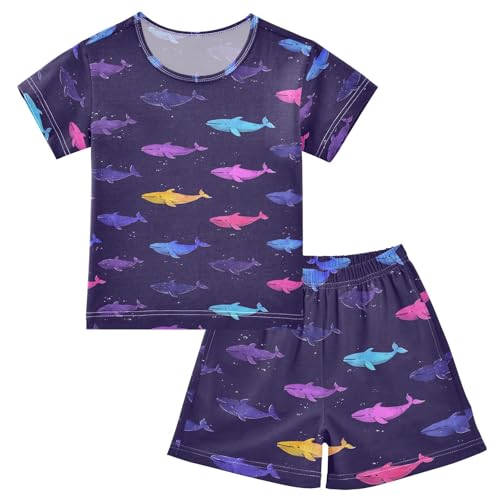 ALAZA Rainbow Shark Whale Blue Pajamas Set Short Sleeve Cotton Sleepwear Summer Pjs 2 Piece 5-14Y
