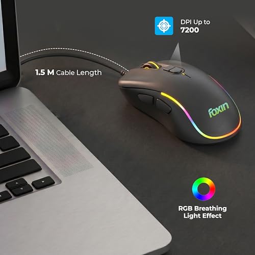 Image of Foxin Phantom GM 106 USB Wired Gaming Mouse with Upto 7200 DPI Gaming Sensor | 7 Buttons | Upto 10 Million Clicks | 7 Colours Rainbow Lighting | Ergonomic Design | 1.5m Cable (Black)