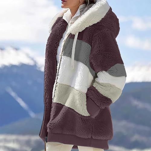 Women 2025 Winter Fleece Fuzzy Jacket Hooded Color Block Shaggy Trendy Warm Cardigan Coats Outerwear with Pockets2