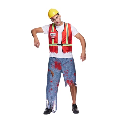 EraSpooky Erwachsene Männer Bauarbeiter Kostüm Zombie Halloween Kostüm Untoter Bauarbeiter Outfit Bauweste Set L