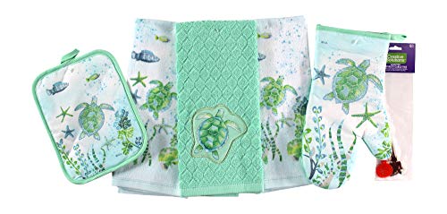 Nantucket Home Luxury Sea Turtle Kitchen Dish Towels Pot Holder Oven Mitt Set, 5pc: Colorful Blue Turquoise Teal Ocean Life Design